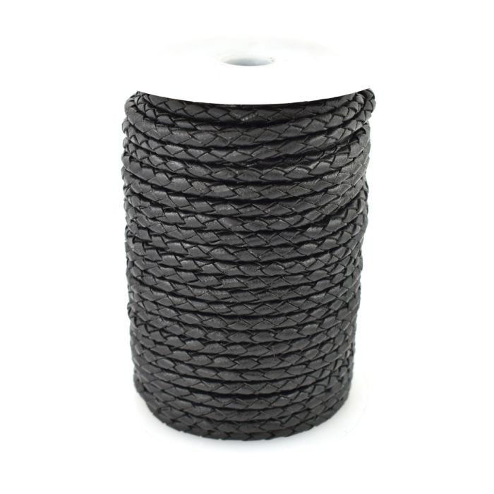 Braided leather cord black 4mm/ roll 25m Braided leather cord black 4mm/ roll 25m